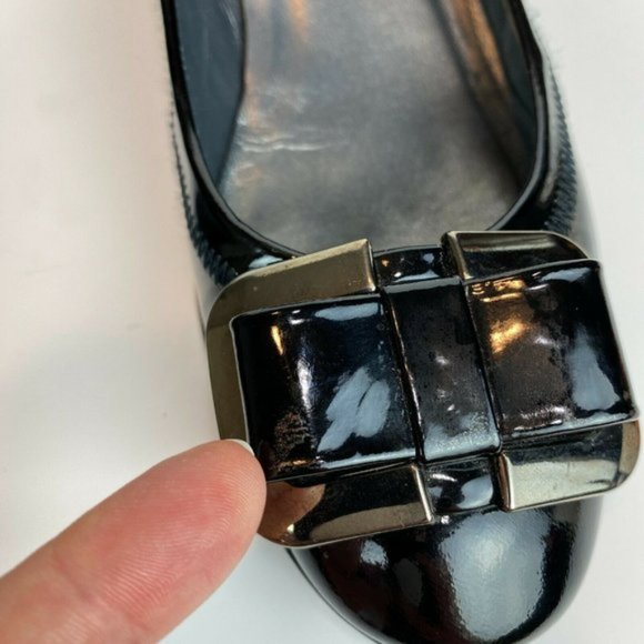 Stuart Weitzman Wedge Heels 5.5‎ Black Patent Leather Silver Bow Office Career - Picture 9 of 11